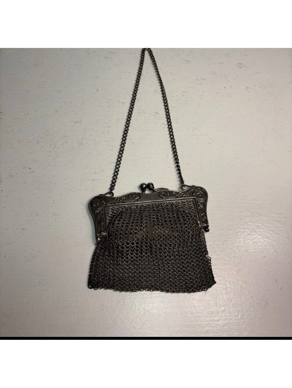Antique German Silver Mesh Leather Liner Chain Mail Purse